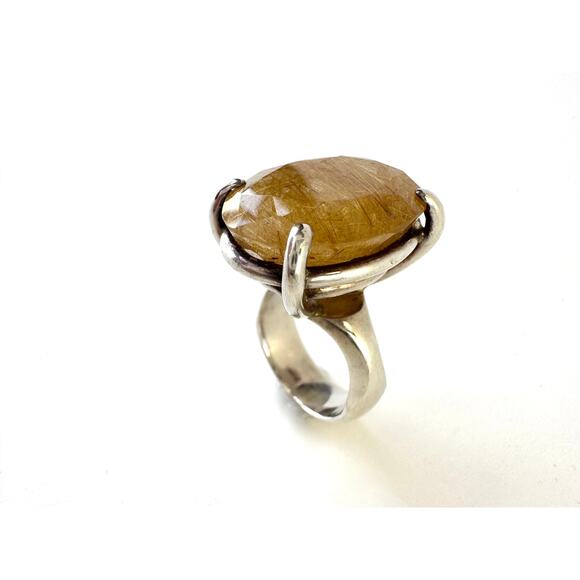 Gold Rutile Quartz Princess Ring Handmade Heavy Sterling 925 Silver US Size 7.5 - Picture 1 of 9